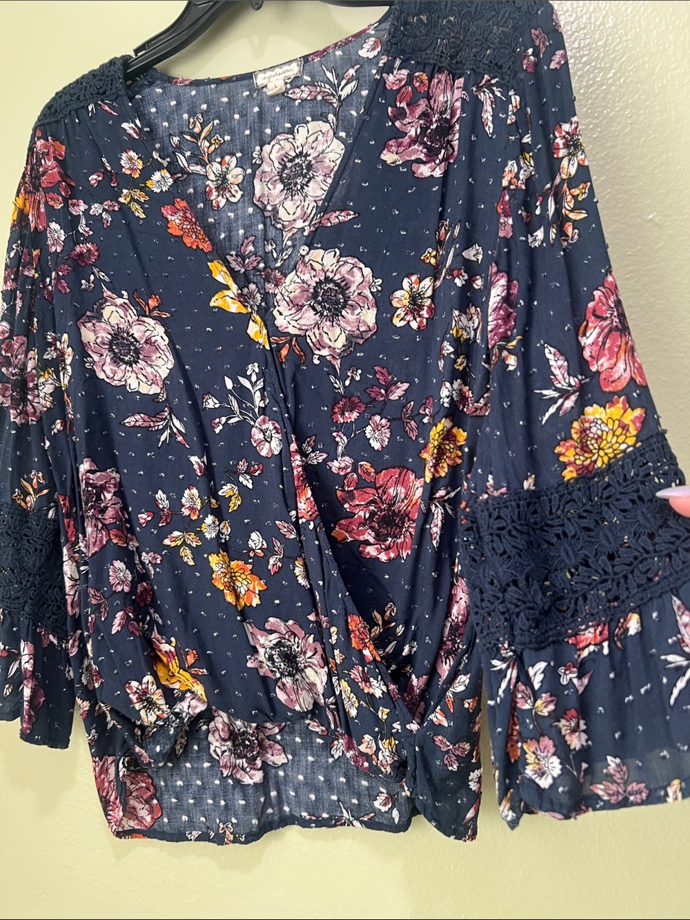 Eyeshadow Navy Floral Surplice Blouse with Crochet Trim